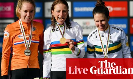 Annemiek van Vleuten, of the Netherlands, takes the rainbow jersey after winning the elite women’s road race at the 2020 UCI Road World Championships in Yorkshire